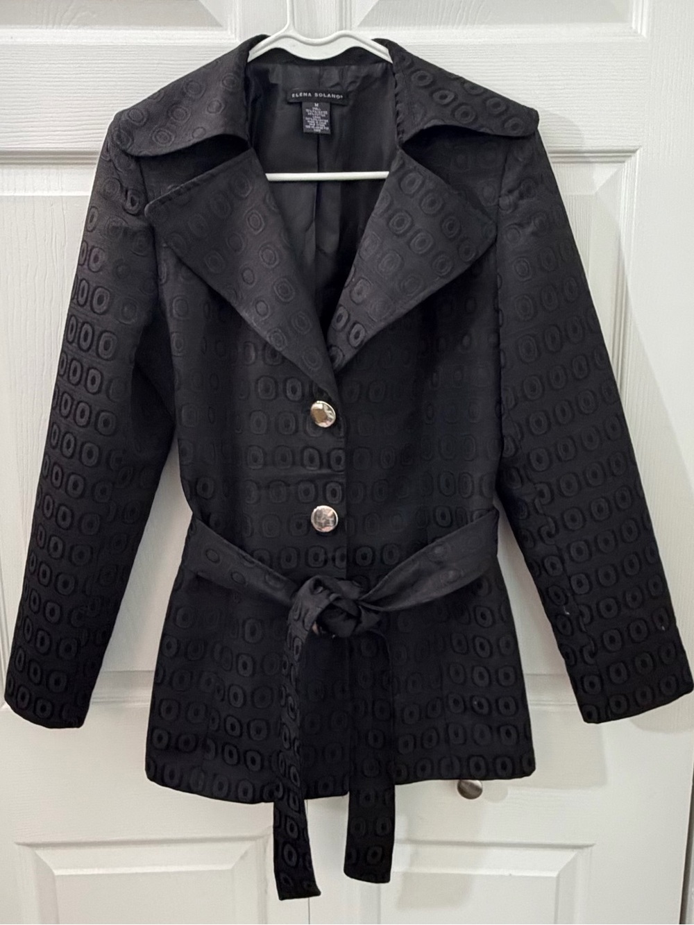 Elena Solano Black Jacquard Belted Trench Jacket Medium Geometric Statement Coat